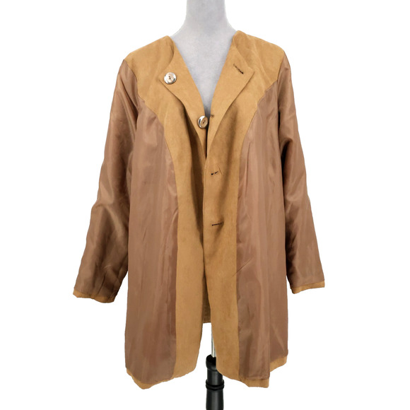 Susan Graver Jacket Plus Size 1X Camel Beige Faux Suede Lined Long Blazer Pocket - Picture 10 of 14